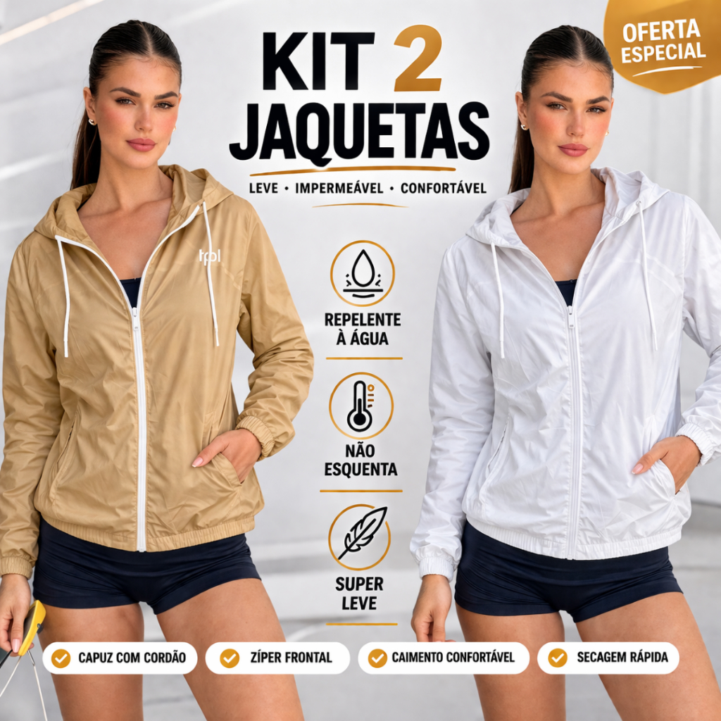 Kit 2 Jaqueta Corta Vento Feminina Capuz Leve Zíper Academia Confortável Prática Esportiva Dia Mães