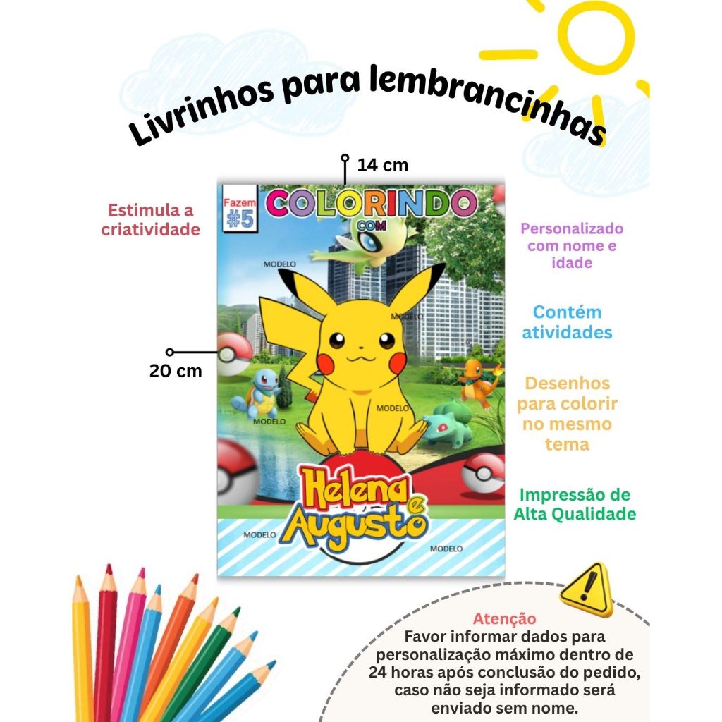 Livro de Colorir com Atividades Pokemon Personalizado Lembrancinha de Aniversário Infantil - Todos os Temas