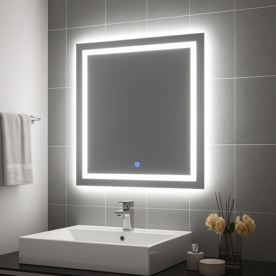 Espelho LED Quadrado 50x50 cm Jateado com Touch 3 Cores de Luz