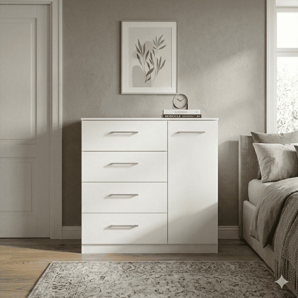 Cômoda de Quarto 4 Gavetas e 1 Porta Lateral Multiuso Sapateira Organizadora para Roupas