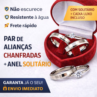 Aliança de Namoro Par Aliança de Compromisso Prata  Chanfrada com Caixinha e Solitário e Pedra Brilhante para Namoro