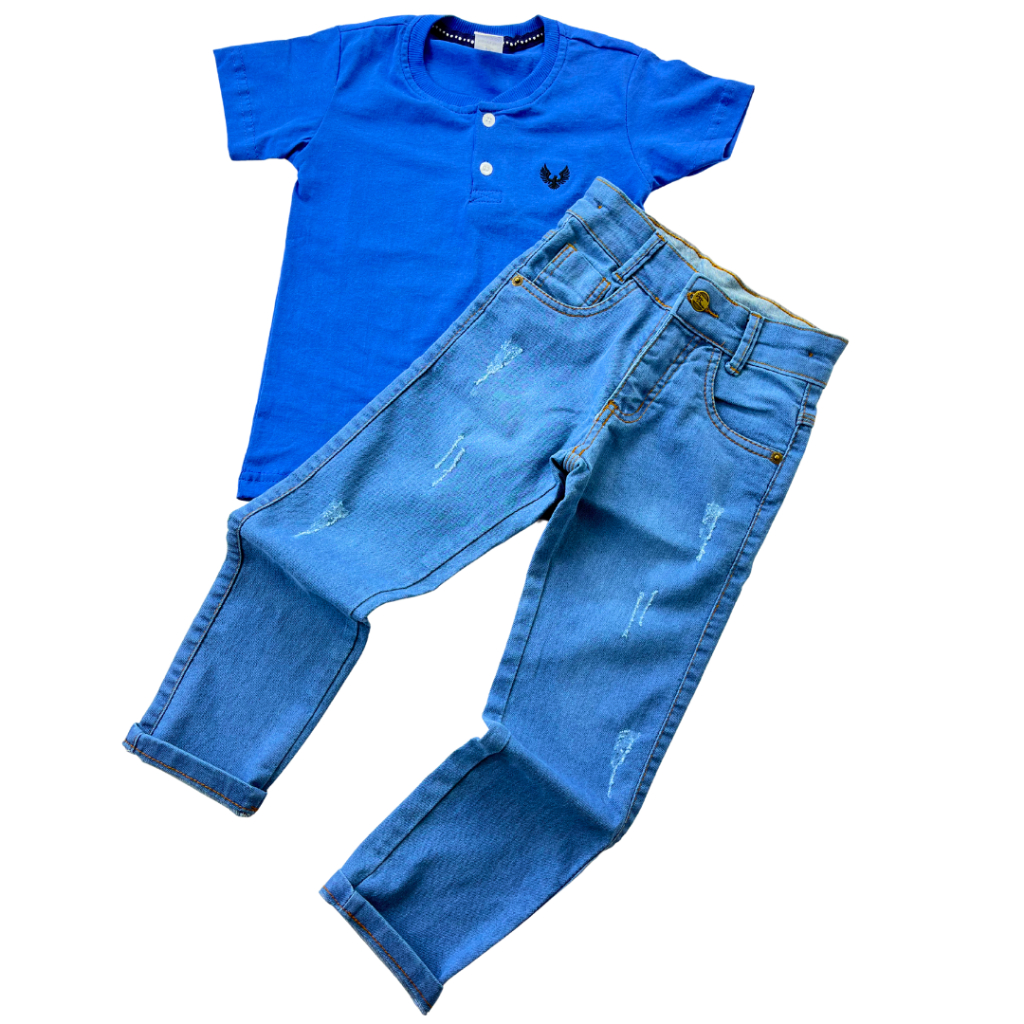 Conjunto Infantil Calça Jeans + Camisa Gola Padre Menino 4 ao 14 Look Estiloso
