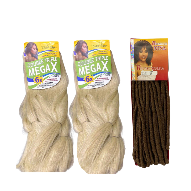 Kit 2 Cabelos Jumbos P/ Tranças Megax COR 613 LOIRO CLARO + 1 Nina Softex COR 27 LOIRO MEL