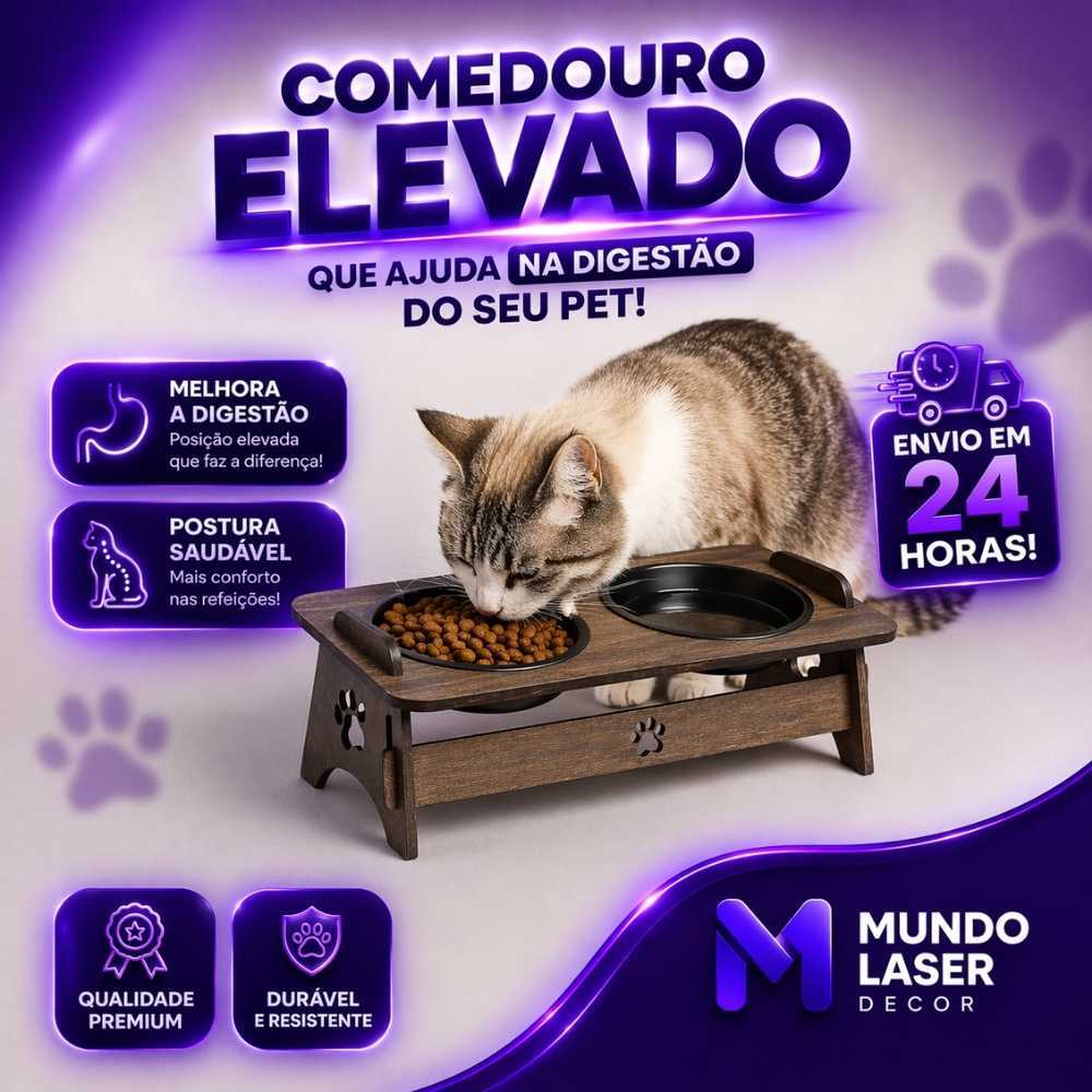 Comedouro Pet MDF Duplo Elevado 2 Tigelas para Água Ração Base Alta Ajuda na Postura