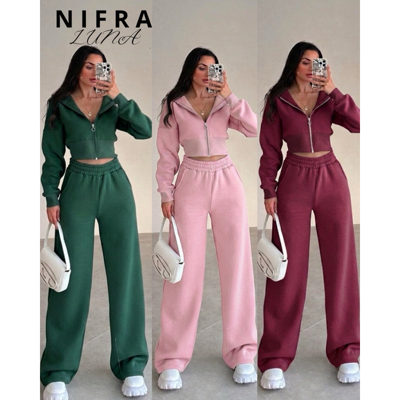 Conjunto Moleton Femenino Blusa com Capuz/ziper + Calça pantalona 2 peças Moda inverno