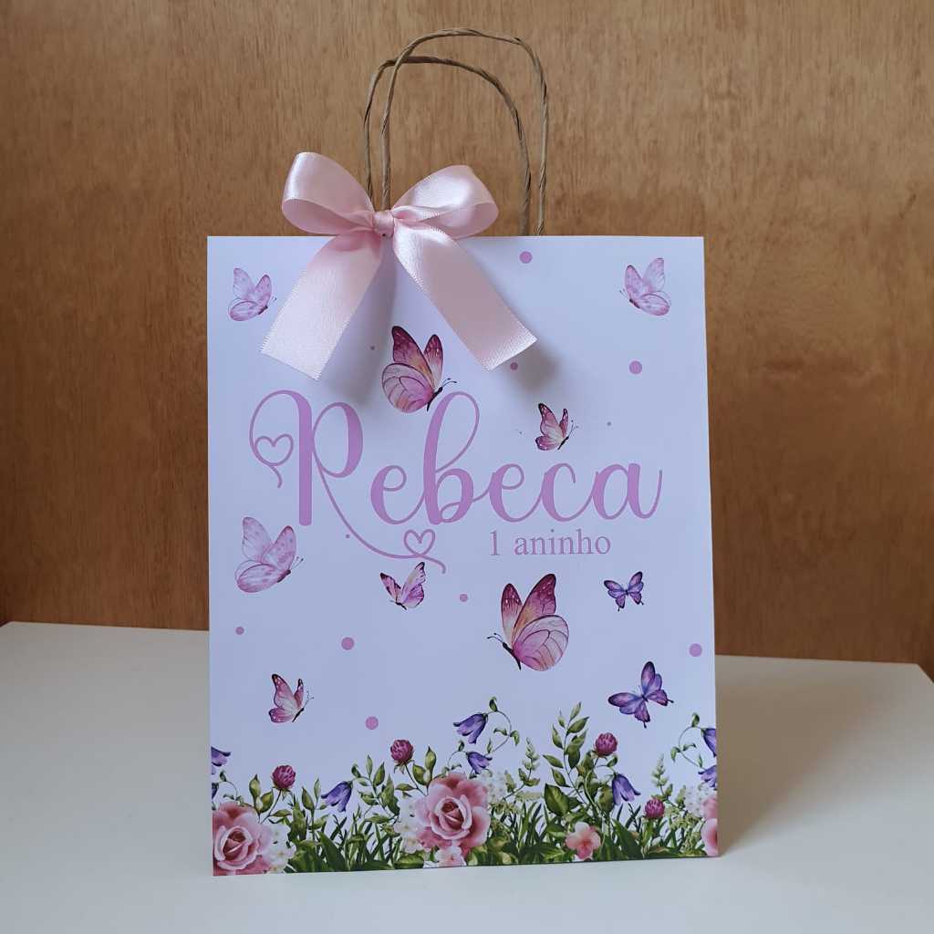 Sacolinha Kraft Personalizada 18x22x9 Jardim Encantado | Jardim das Borboletas Lembrancinha Festa