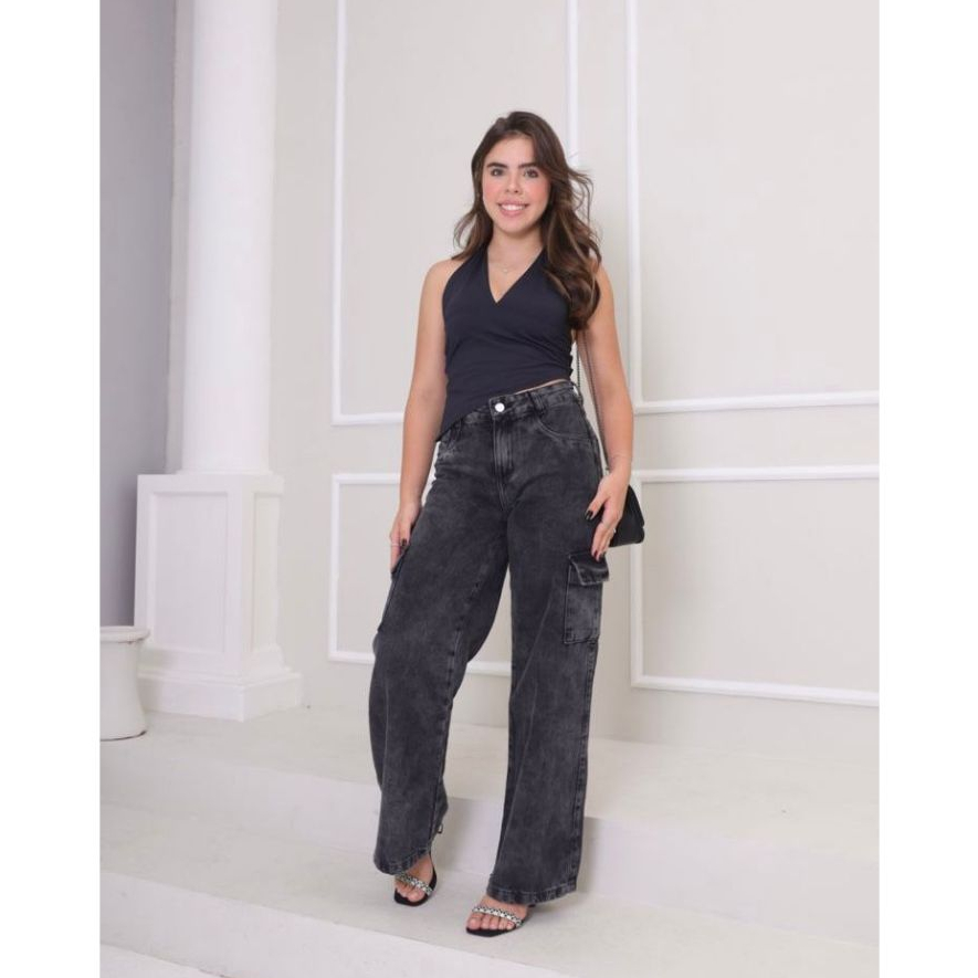 Calça Wide Leg Jeans Infantil Juvenil Feminina Básica Tradicional Luxo Reta Bolso Cargo Escolar Moda Menina 10-16 Denim