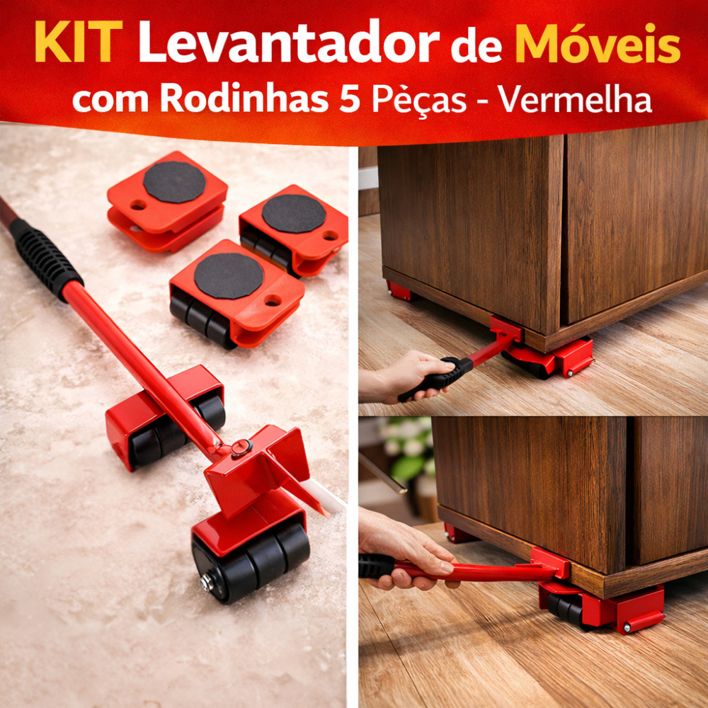 Kit Levantador Móveis Rodinhas Mobilidade Facil Transportar 5 Pecas Vermelho