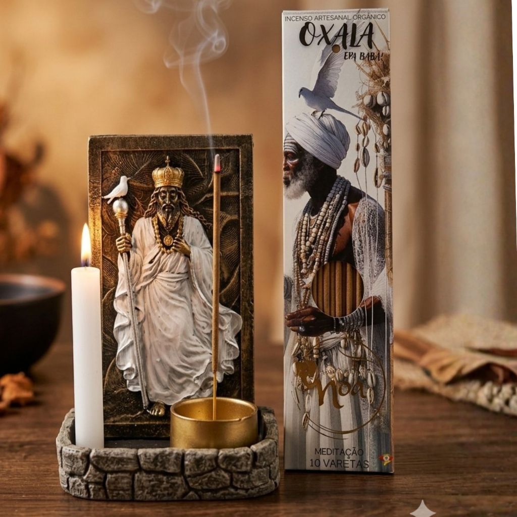 Altar Oxalá Com Porta Incenso e Vela Painel Orixá Resina Decoração Espiritual Umbanda Candomblé 17cm