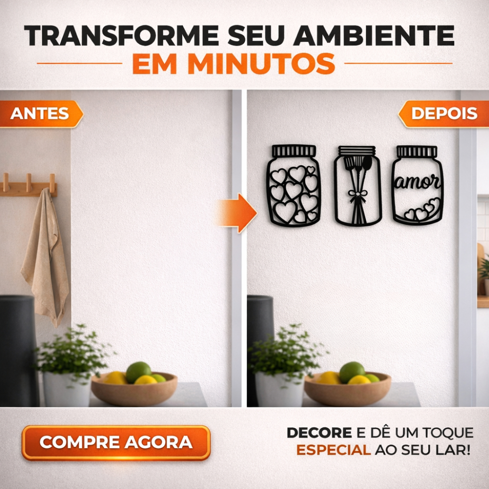 Kit 3 Quadros Cozinha Decorativo Coração Amor Potes em Mdf Decoração Parede — imagem 2 de 2