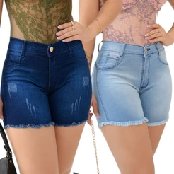 Kit 2 Shorts Jeans Meia Coxa Cintura Alta Barra Desfiada Com Elastano