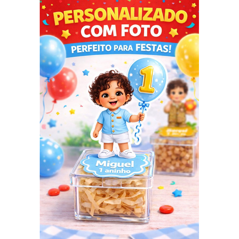 Aplique 3D Personalizado com Foto | Latinha ou Caixa Acrílica 5x5 | Festa Infantil