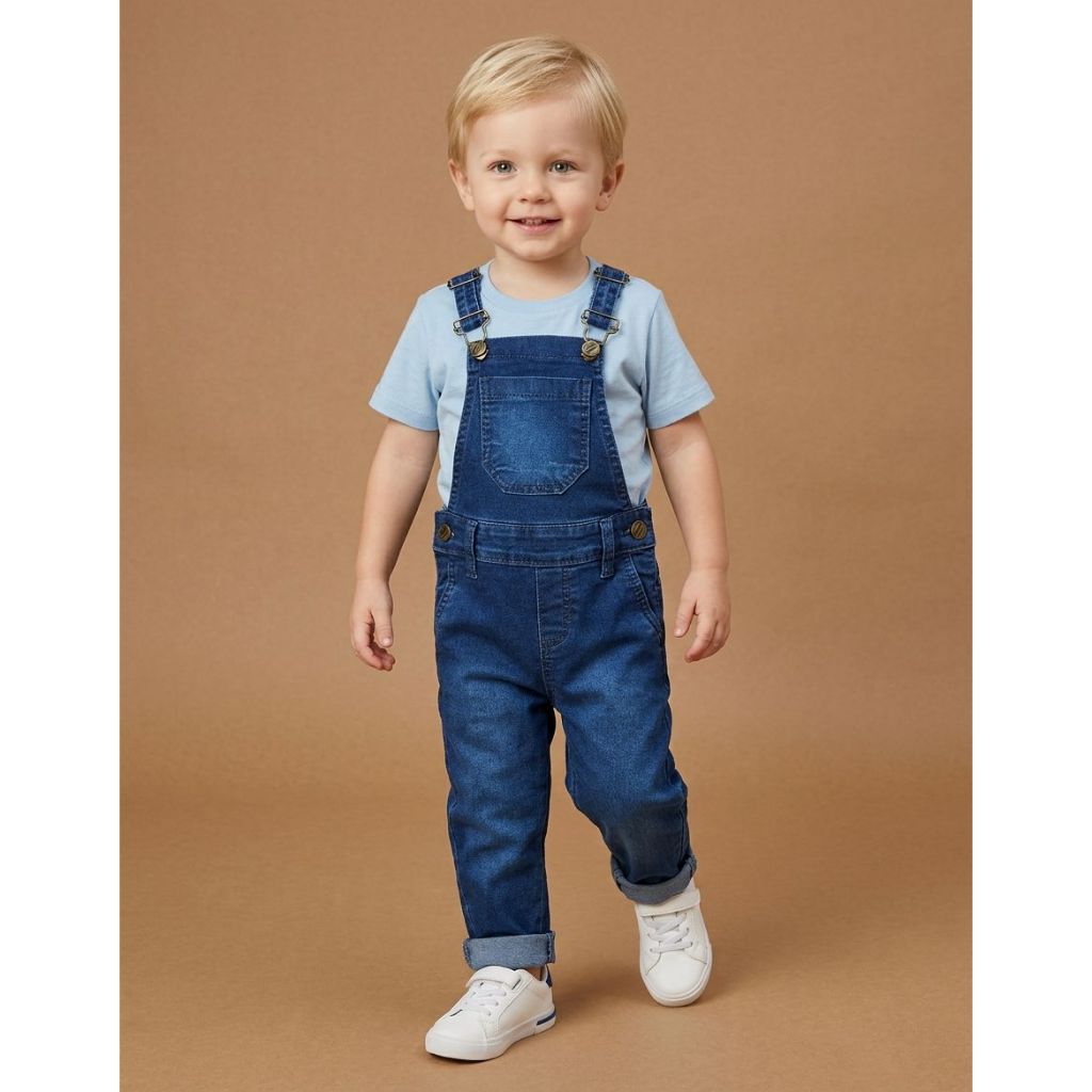 Roupa Menino Jardineira Infantil Macacão De Calça Jeans Escuro Outono