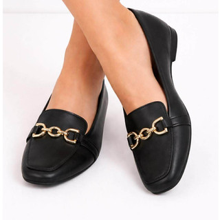 sapatilha feminina mocassim preta bico quadrado fivela sapato