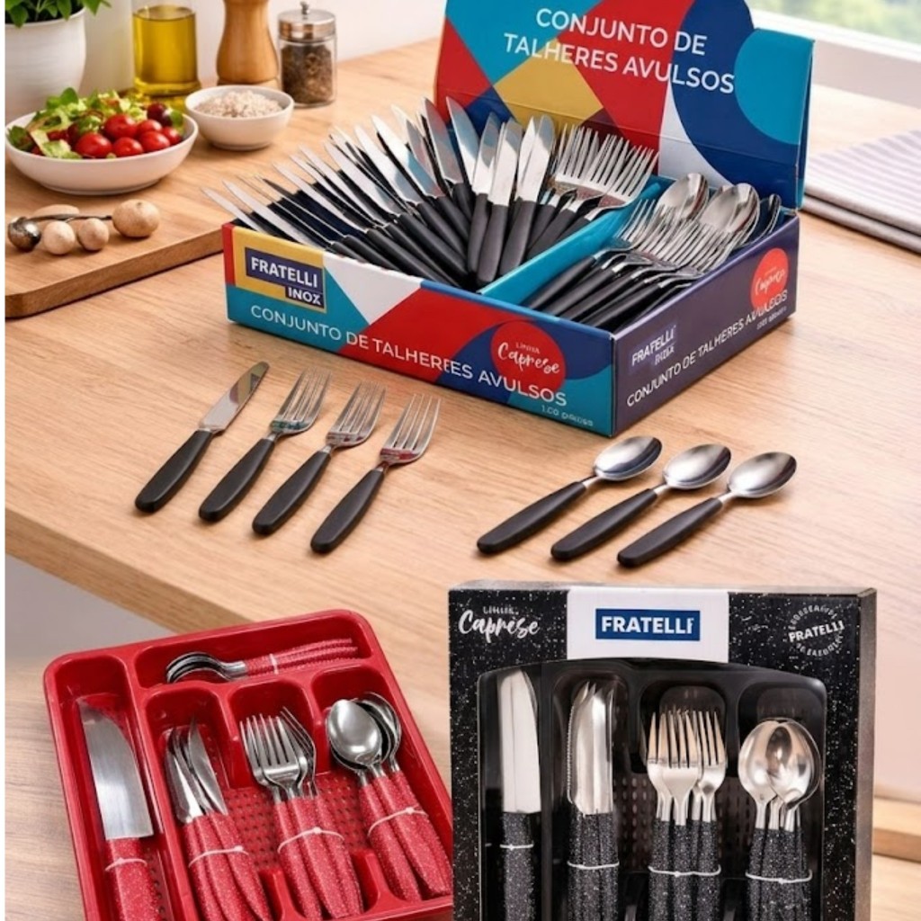 Jogo De Talheres 26 Peças Inox Caprese Com Organizador Gaveta Com Faca Chef 6 Polegadas Mesa Posta