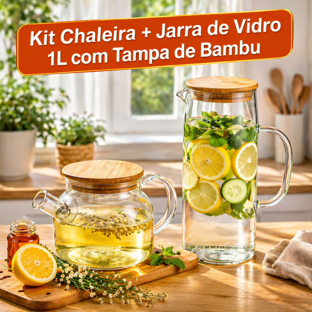 Kit Jarra + Chaleira de Vidro com tampa de Bambu 1L Borossilicado Coador Com Alça Qualidade Premium!