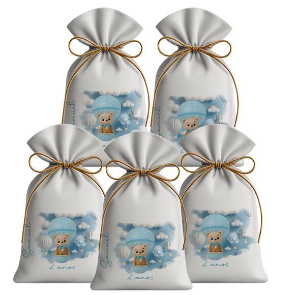 Kit 30 Unidades Saquinhos Festa Aniversário Tecido Personalizado Ursinho Baloeiro Azul M2