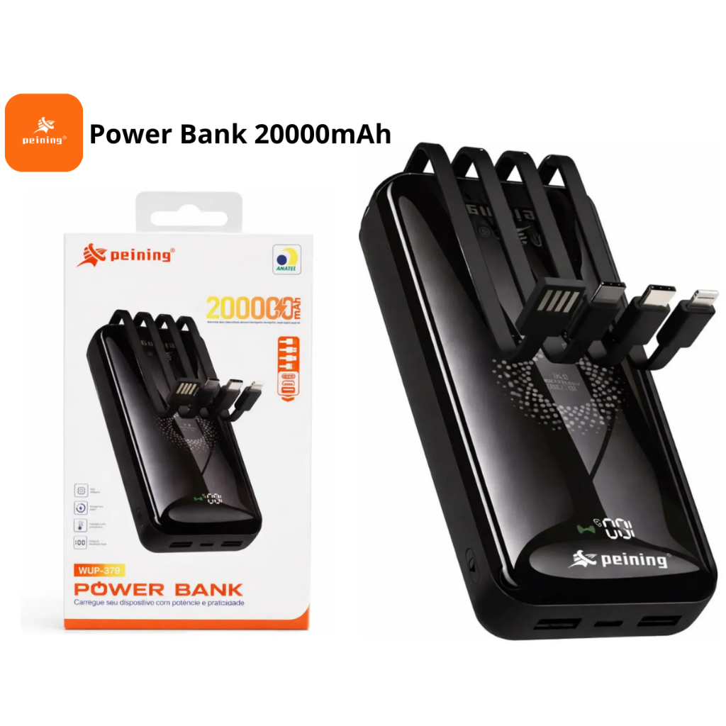 Carregador Power Bank 20000mAh Peining WUP-379 | 4 em 1 Cabos Embutidos Tipo-C Lightning Micro USB | Turbo