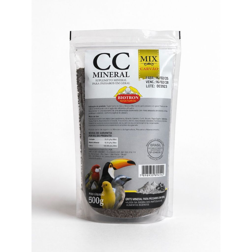CC Mineral Mix com Carvão Biotron 500g | Suplemento para Pássaros | Cálcio, Minerais e Digestão