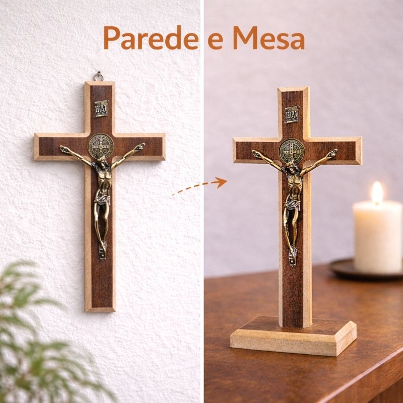 Crucifixos  São Bento MDF 22x14cm Base e Parede, Cristo Metal  10,5cm São Bento INRI Unidade, Kit