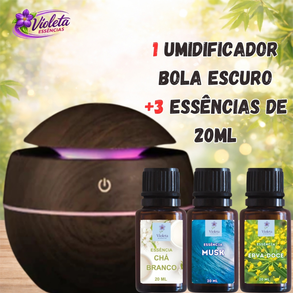 Umidificador Bola Aromatizador Ultrassônico Madeira Com Led Colorido+3 essencias|mais vendido