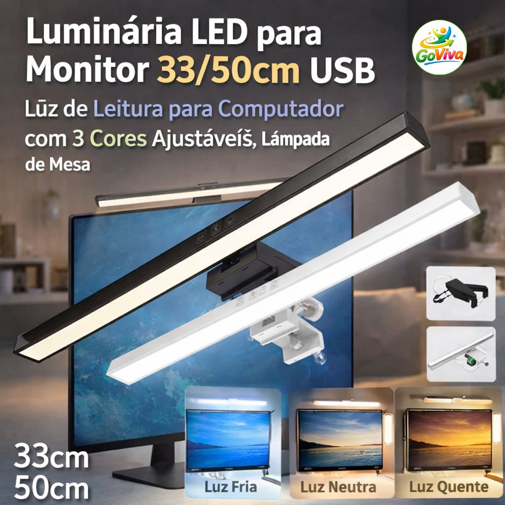 Luminária LED para Monitor 33/50cm USB, Luz de Leitura para Computador com 3 Cores Ajustáveis, Lâmpada de Mesa