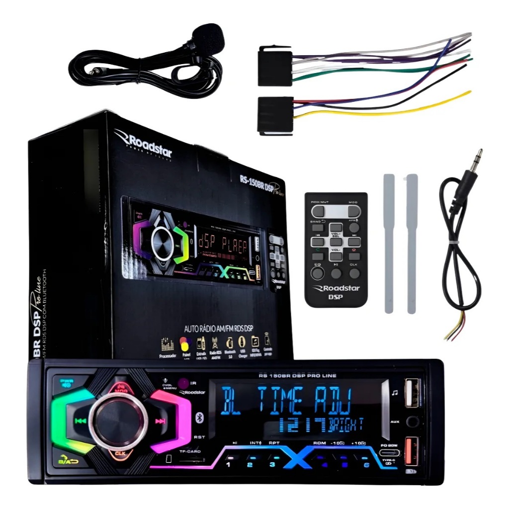 Auto Rádio Roadstar RS-150BR AM/FM Bluetooth 5.0 DSP Pro Line USB USB-C Micro SD RCA 4V Sub Comando de Volante 4x60W RMS