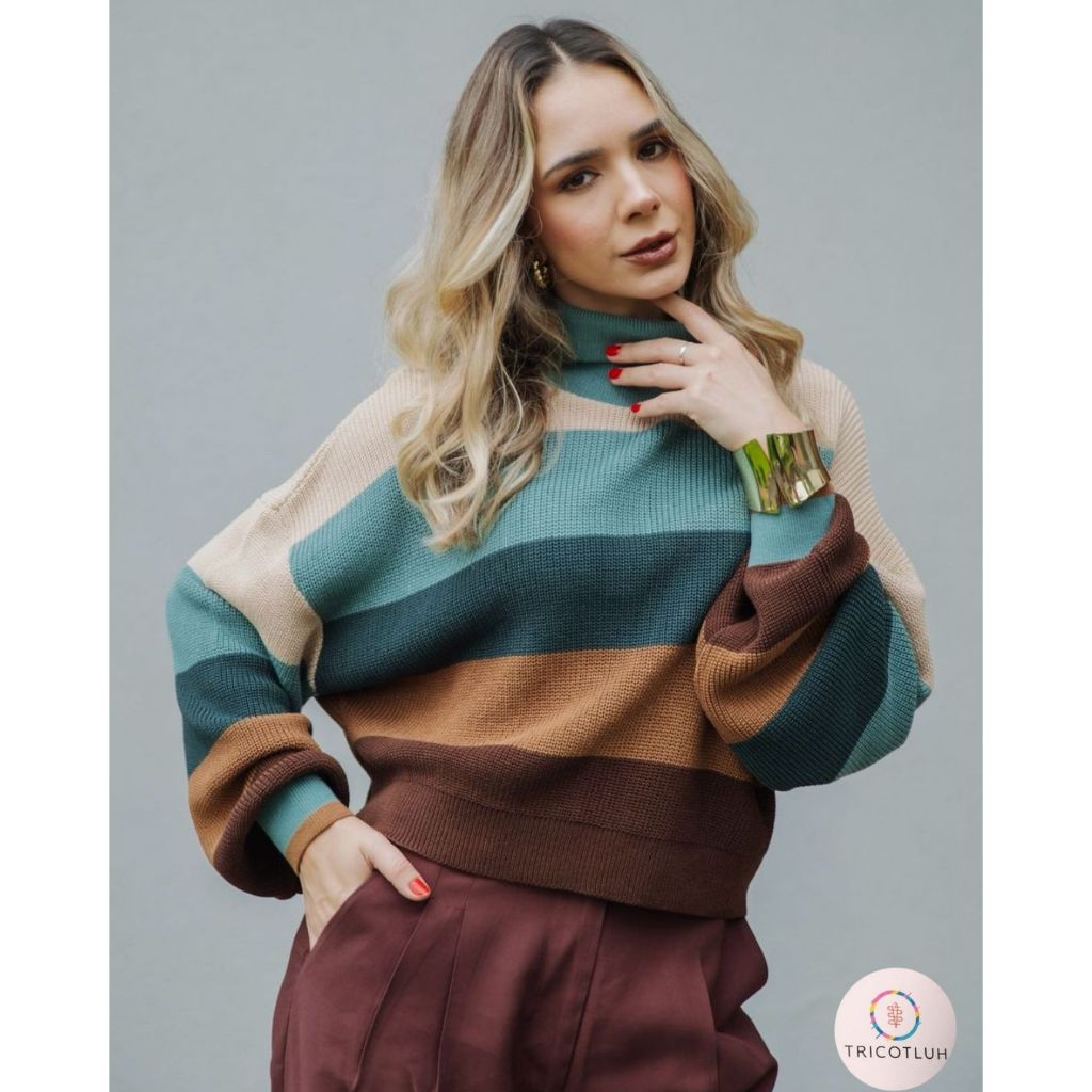 Blusa Listrada Feminina Tricot Gola Alta Cacharrel Elegante Canelada tricô Moda Inverno