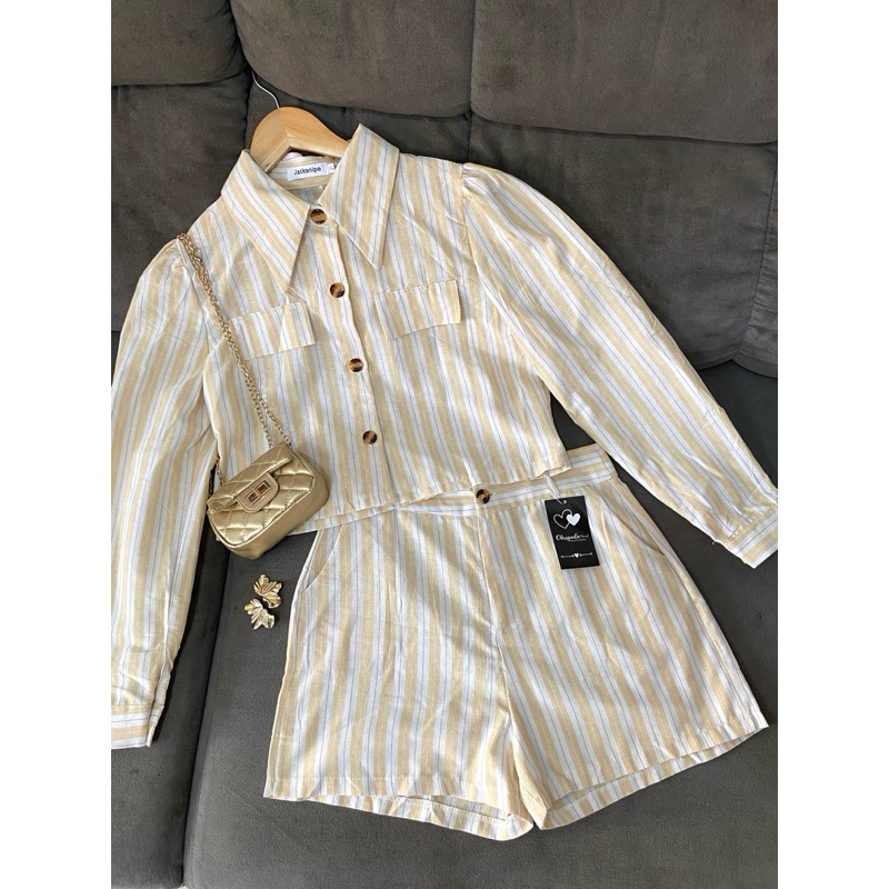 Conjunto listrado em linho feminino social blusa manga longa e short curto