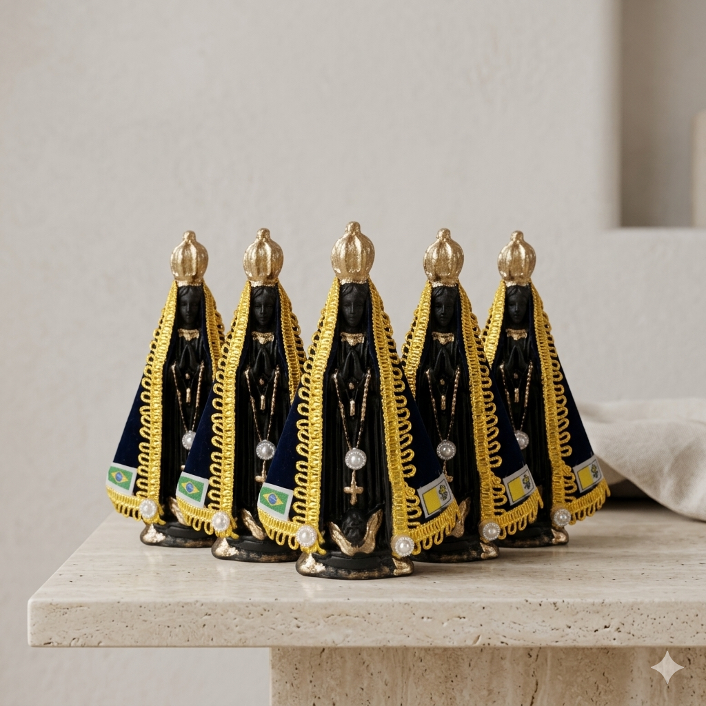 Kit 5 Nossa Senhora Aparecida 15cm Gesso Manto Veludo Azul Marinho Imagem Religiosa Decoração Católica Detalhada