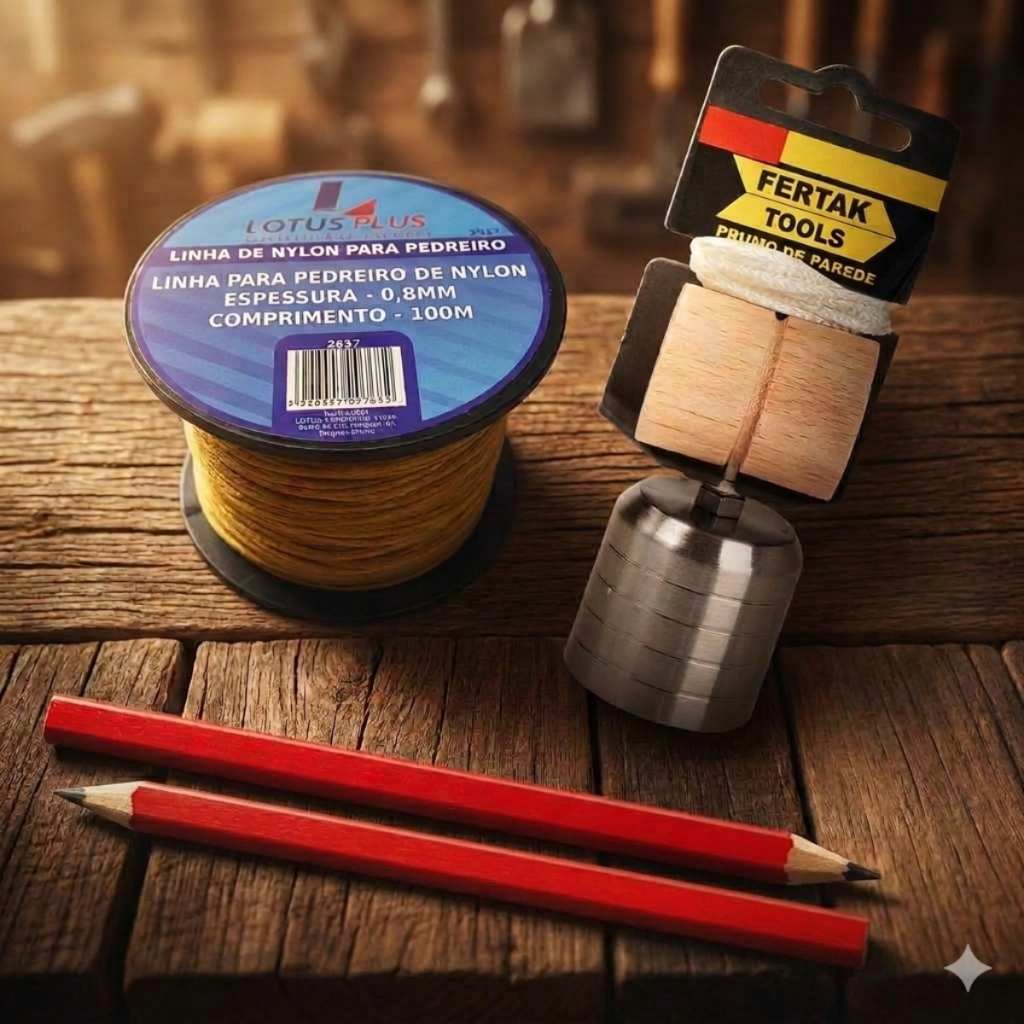 Kit Pedreiro Linha Prumo 2 Lápis Obra Medição Construção Reforma Kit 4 Peças Profissional