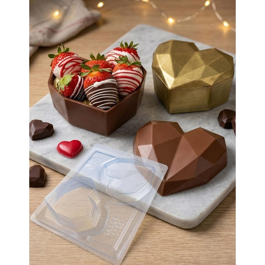 Forma de Acetato Silicone Porta Jóia Coração Lapidado 280g p/ Chocolate 10282 Namorados Dia das Mães