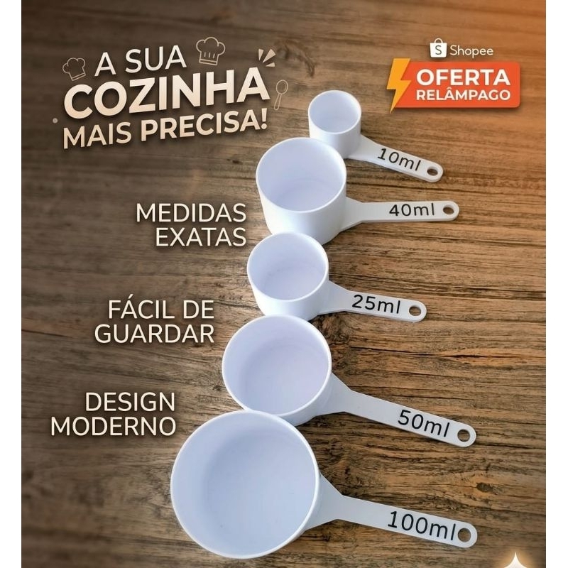 Kit 5 Colheres Medidoras Brancas - 10ml a 100ml - Medidores de Cozinha e Suplemento
