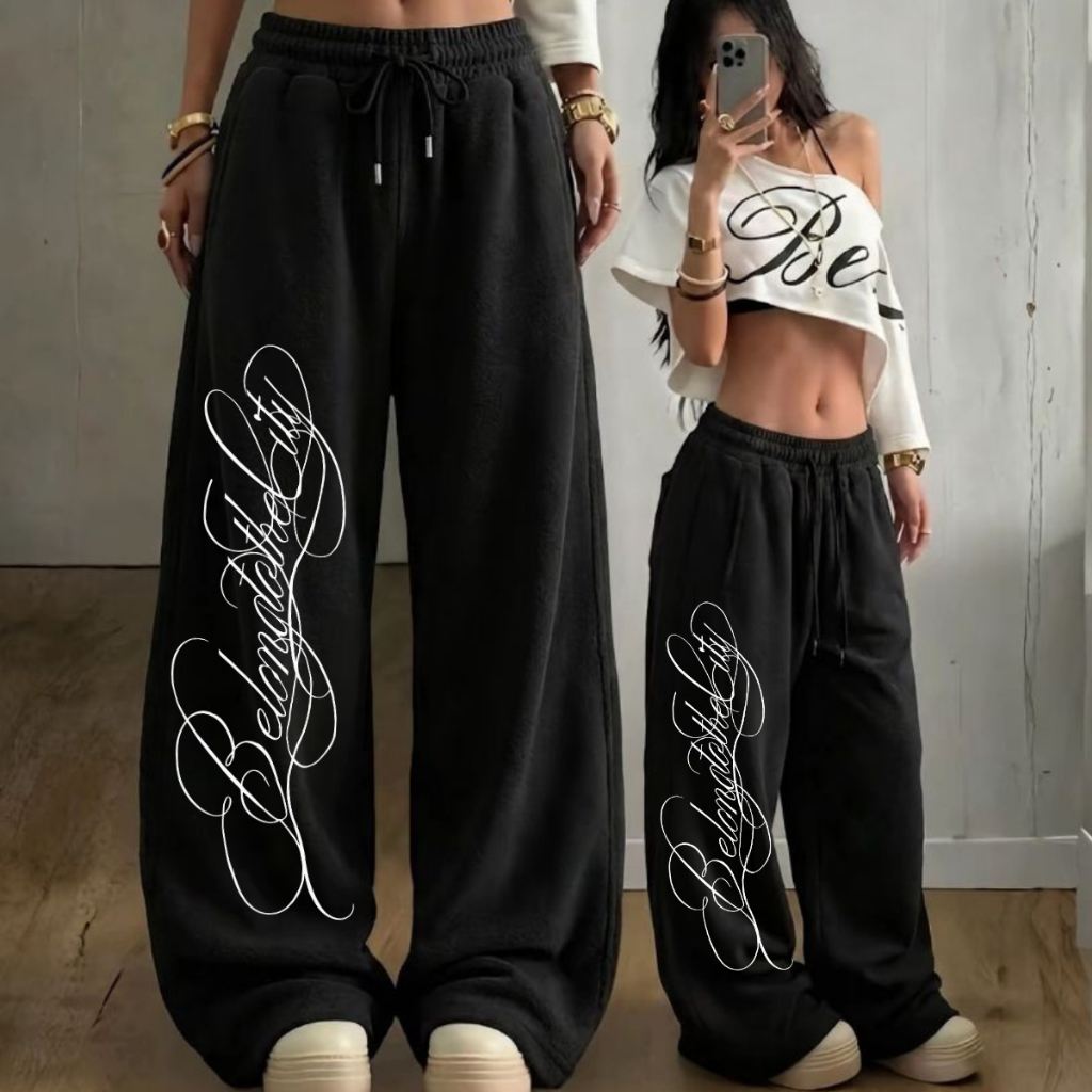 Calça Wide Leg Largona de Moletom Moda Gringa Unissex Belong To The City Estilosa Academia Treino Faculdade e Inverno