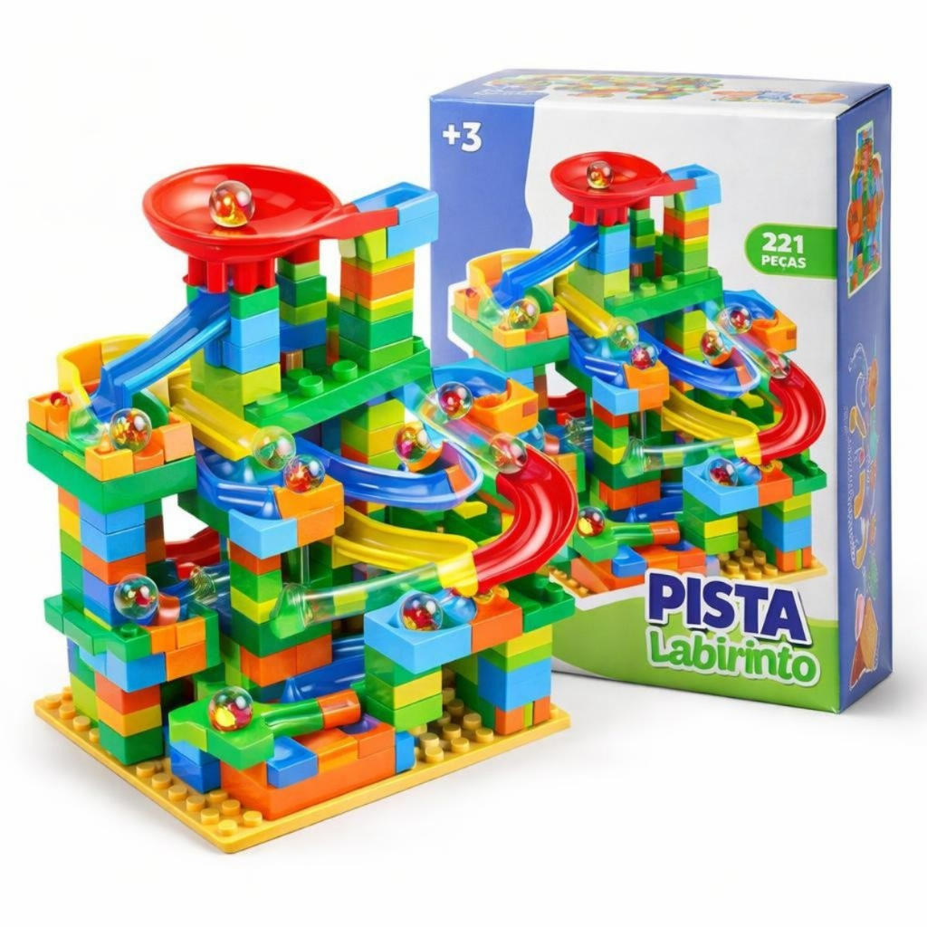 Pista Labirinto 221 Peças Blocos de Montar Rola Bola Educativo Infantil Criativo