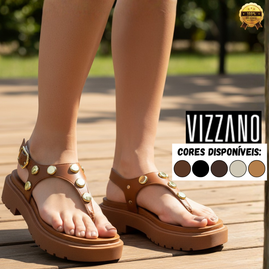 Sandália Vizzano Feminina Tratorada Flatform Plataforma Pedraria Tachas Casual Detalhes Original