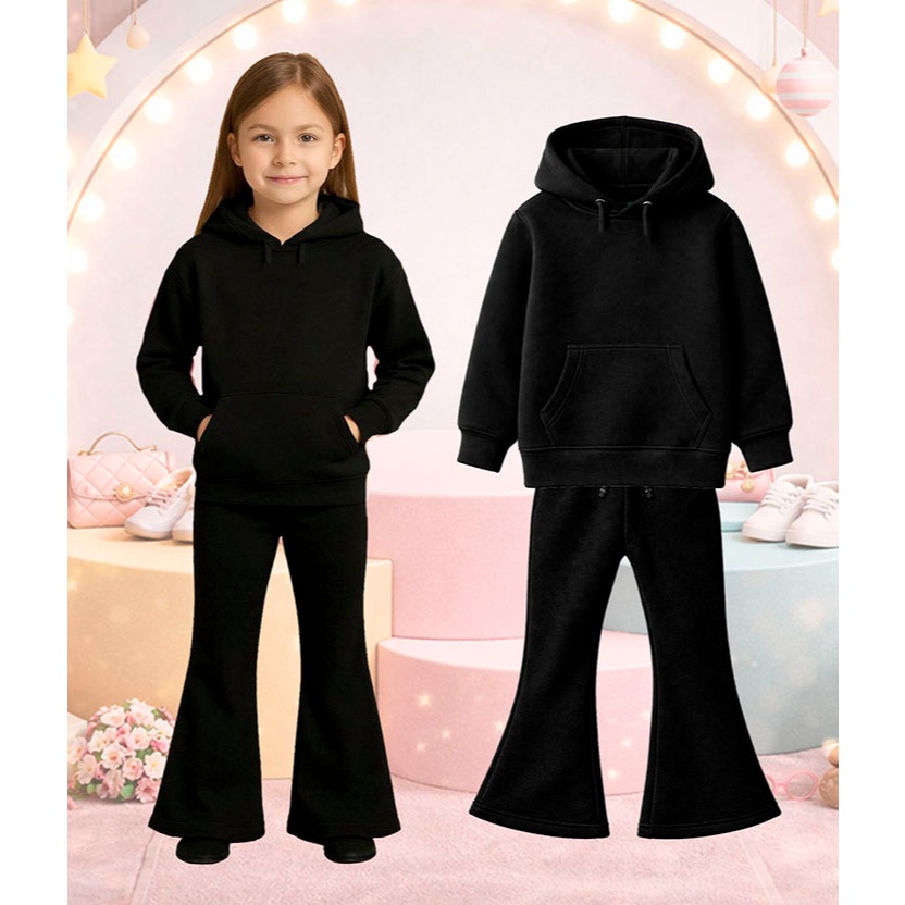 Conjunto Menina Blusa Canguru E Calça Flare Lisa Roupa De Frio