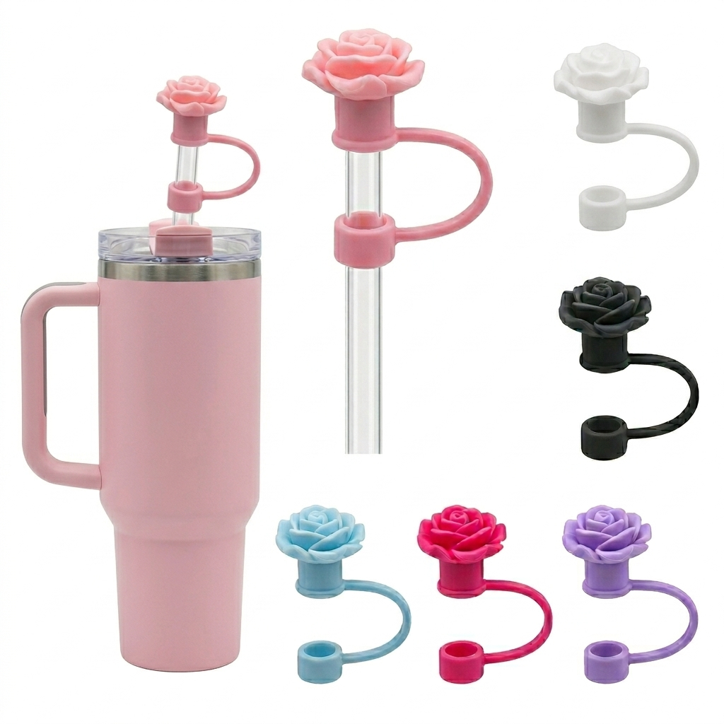 Tampa de Canudo 10mm para Copo 1200ml em Silicone Flor Rosa Diversas Cores