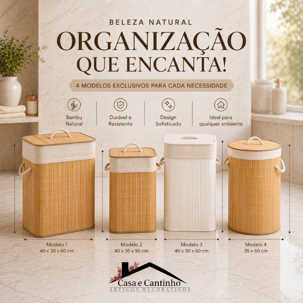 Cesto de Roupa Suja Bambu Dobrável Tampa e Forro 48L Organizador Grande e Resistente Banheiro