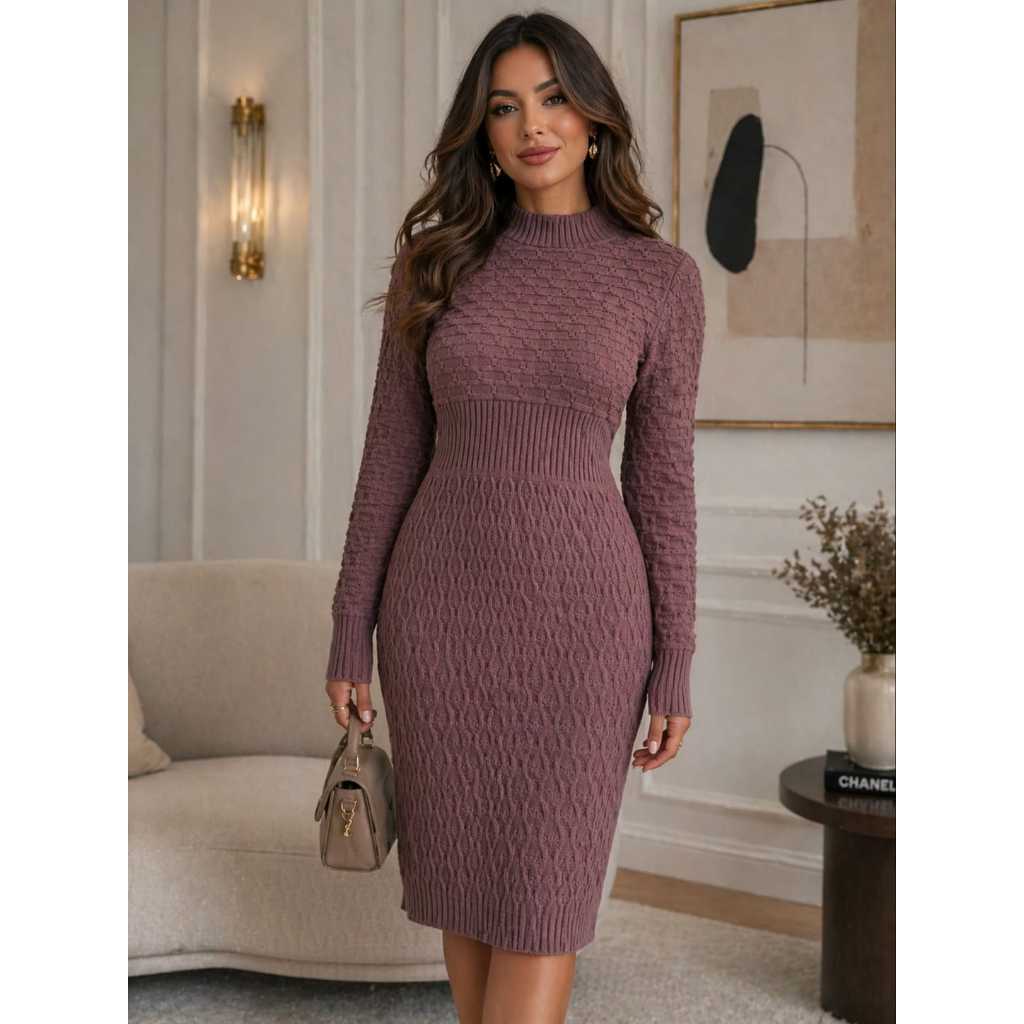 Vestido de Tricot Feminino Elegante Estiloso Look Moda Outono/Inverno Preço Imperdível