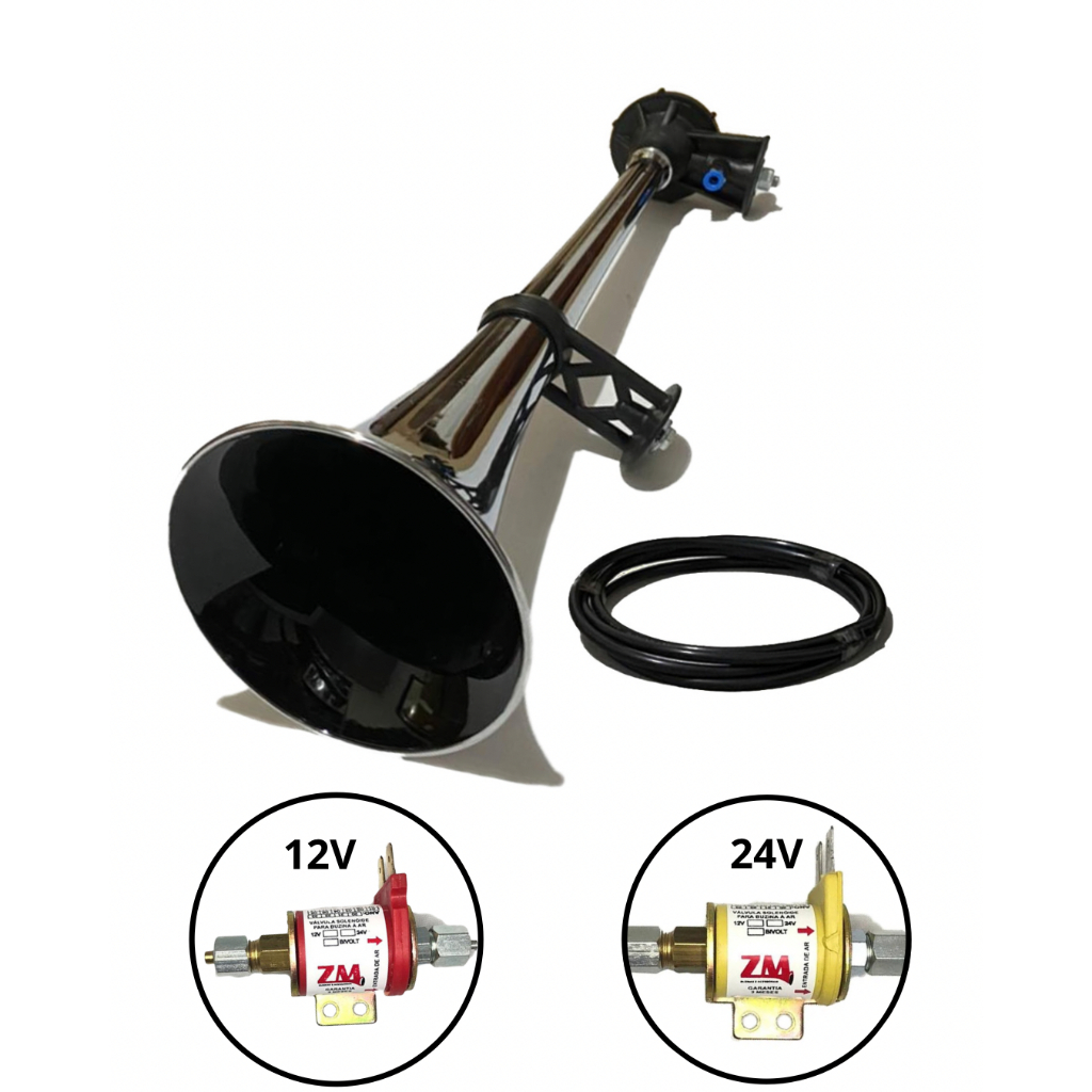 BUZINA A AR 1 CORNETA CROMADA COM VÁLVULA SOLENOIDE 12V OU 24V PARA CAMINHÃO,ONIBUS