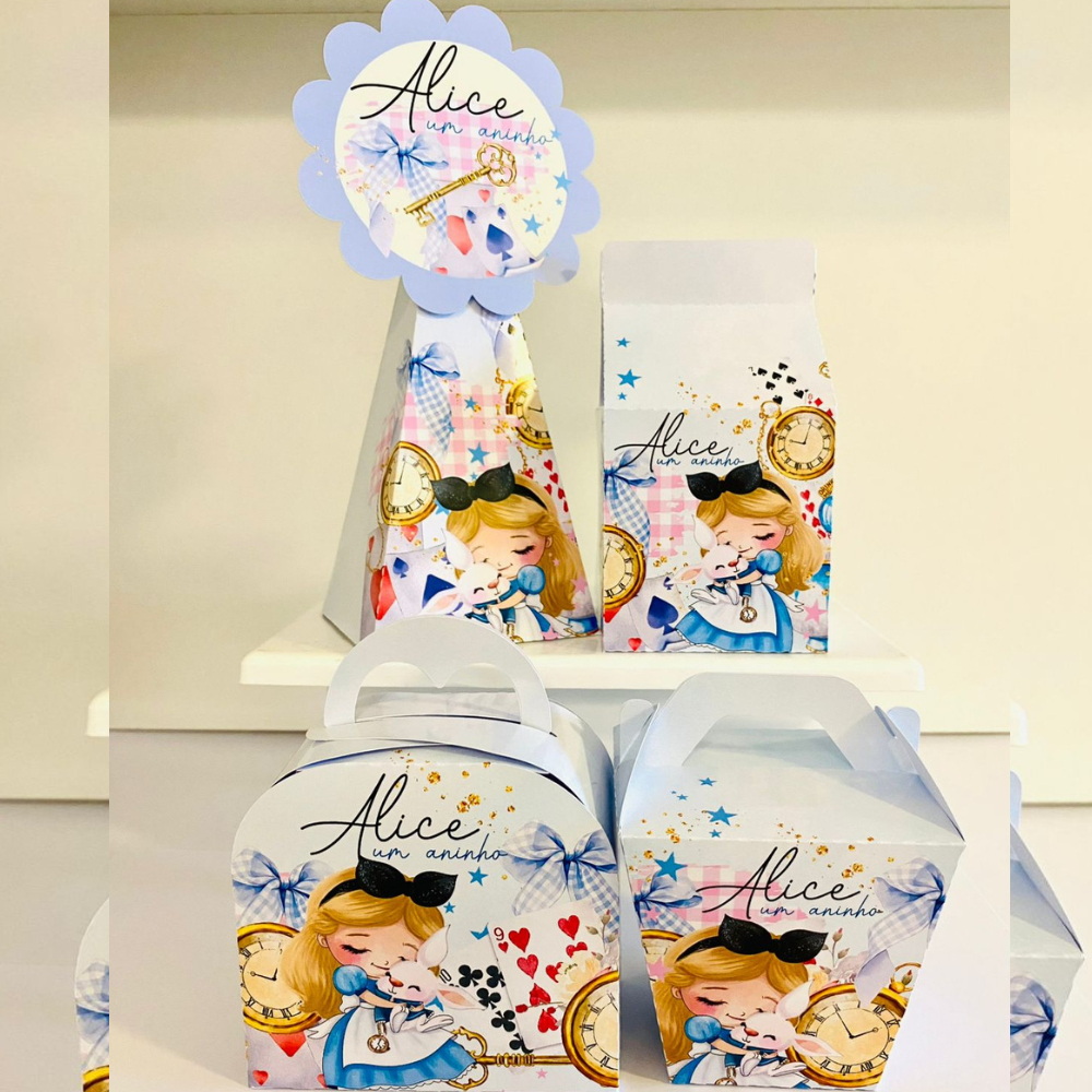 Kit Festa Personalizado ALICE NO PAÍS DAS MARAVILHAS Caixinhas Lembrancinha Aniversário  PEGUE E MONTE