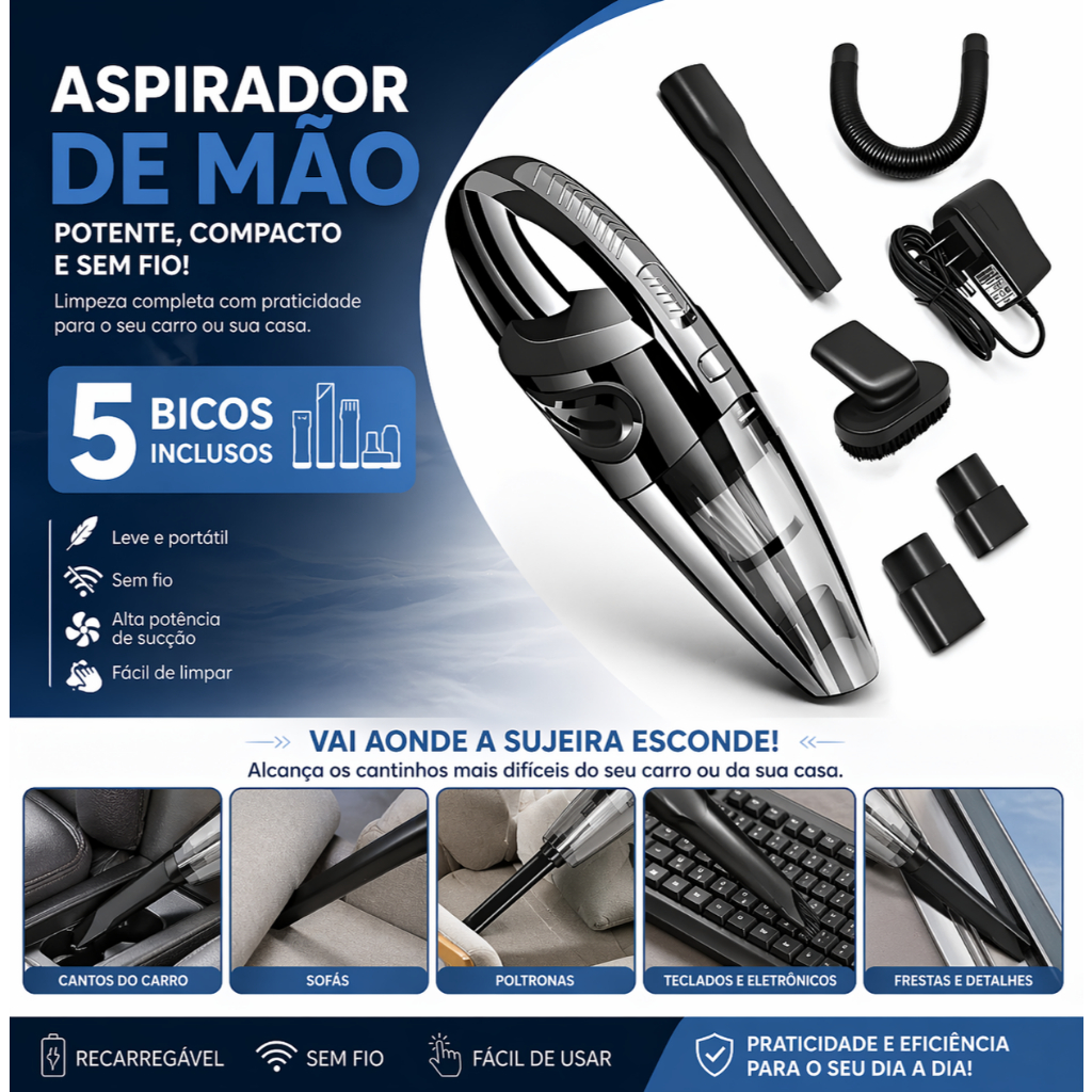 Aspirador de Pó Portátil Sem Fio 70W Bateria USB Oásis OIH-2905 Carro Caminhão Automovél Casa