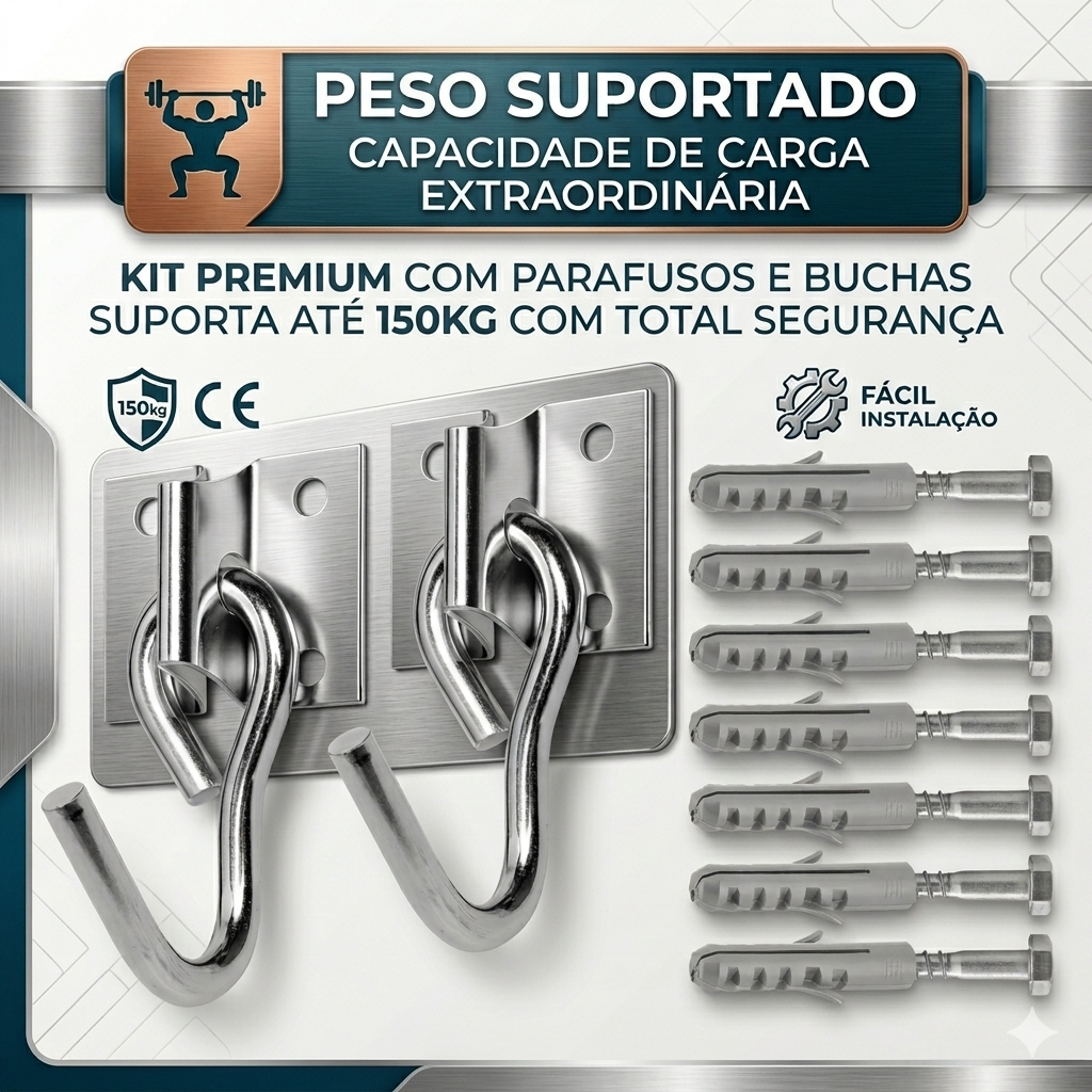 Kit Par de Gancho Armador De Rede De Balanço até 250kg Aço Grosso Reforçado Com 8 Parafusos E Buchas Ou Chumbadores