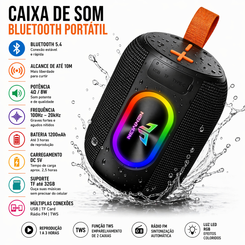 Caixa de Som Bluetooth 5.4 Portátil RGB Som Potente USB TF Rádio FM TWS Bateria Duradoura