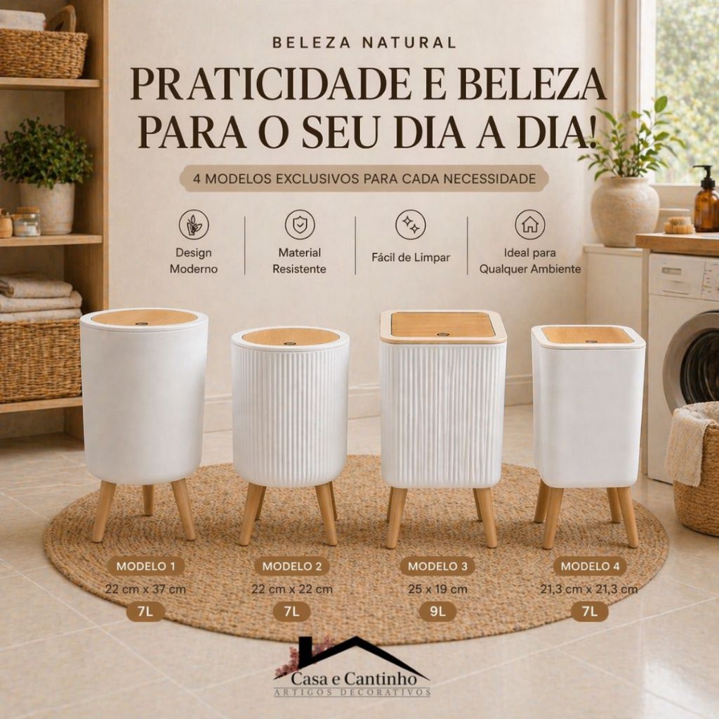 Lixeira De Plástico 9 Litros Branca Quadrada Pés De Bambu Tampa Click De Pressão Cozinha Banheiro
