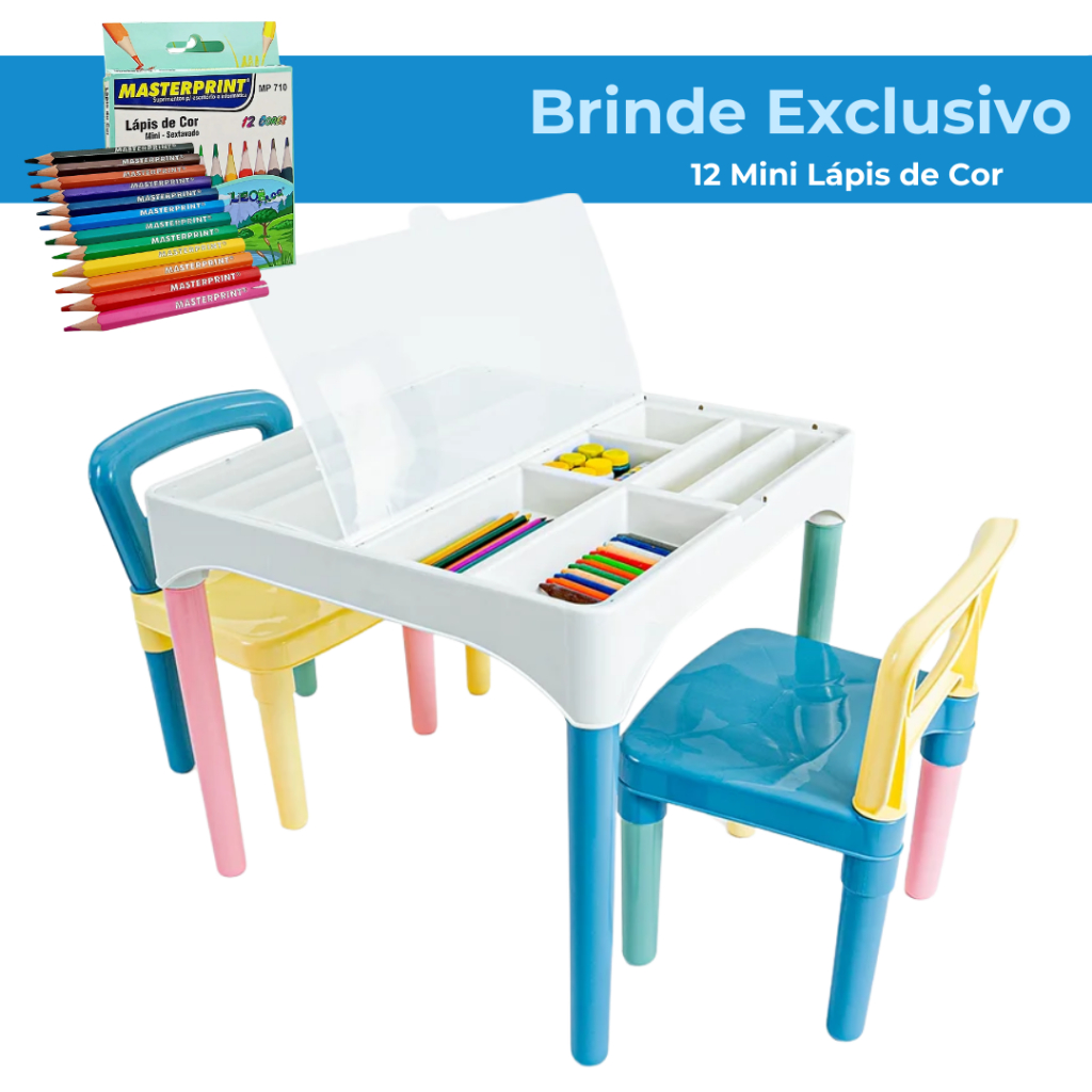 Mesa Mesinha Infantil com 2 Cadeiras - Poliplac - Cor Especial Picolor - Brinde Mini Lápis de Cor