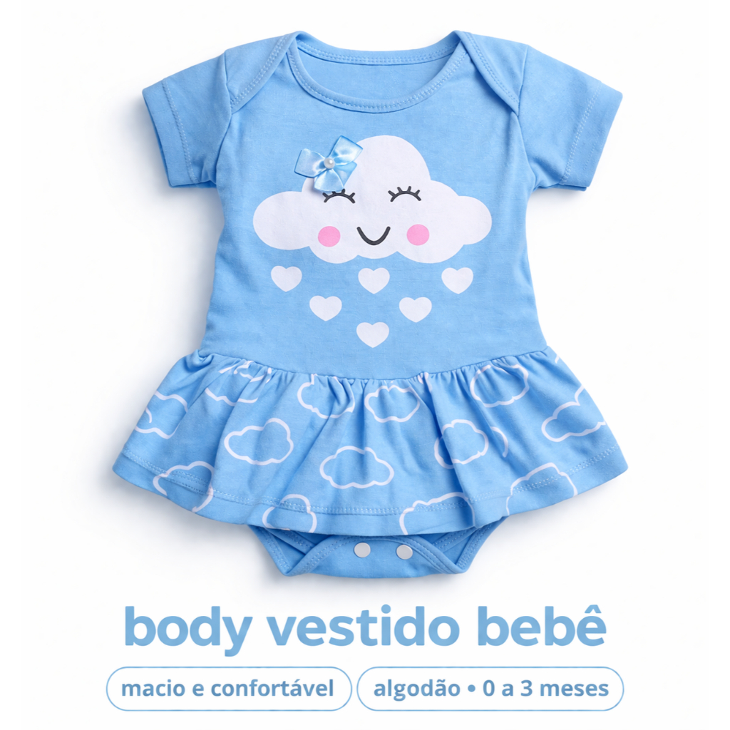 0 a 3 Meses - Body Nuvem para Bebês de 0 a 3 Meses - Cores variadas