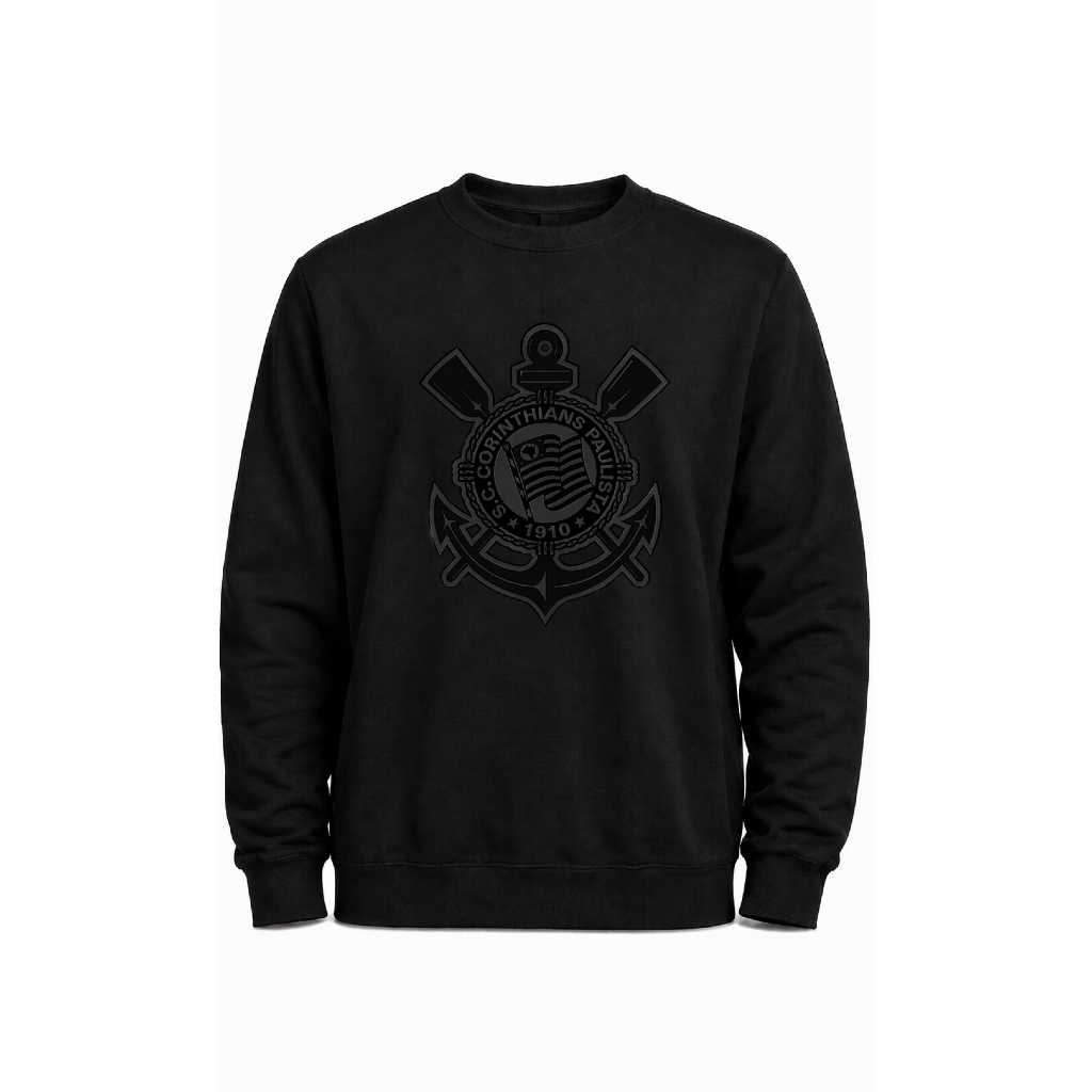 Moletom Corinthians Preto Unissex Gola Careca Blusa Frio Casual Estampado