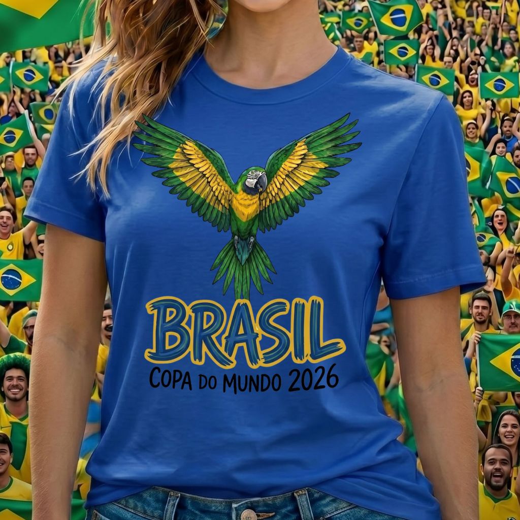 Camiseta Feminina Brasil -Copa do Mundo 2026  Edição Arara Real 100% Algodão Gola Ribana Reforçada